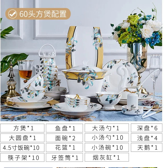 60pieces guci  Jingdezhen Ceramic Tableware Set High-grade Phnom Penh Bone Porcelain Tableware European Creative Household Gifts