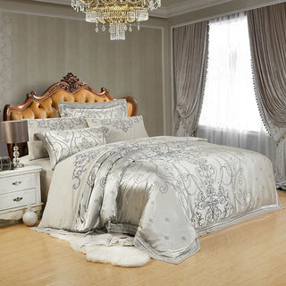 Sliver Gray Luxury Silky Satin Jacquard Duvet cover Embroidery bedding set Super King Queen size 4/6Pcs bed sheet/Fitted sheet