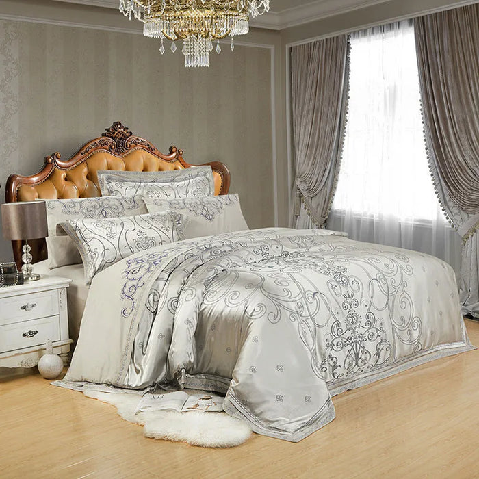 Sliver Gray Luxury Silky Satin Jacquard Duvet cover Embroidery bedding set Super King Queen size 4/6Pcs bed sheet/Fitted sheet