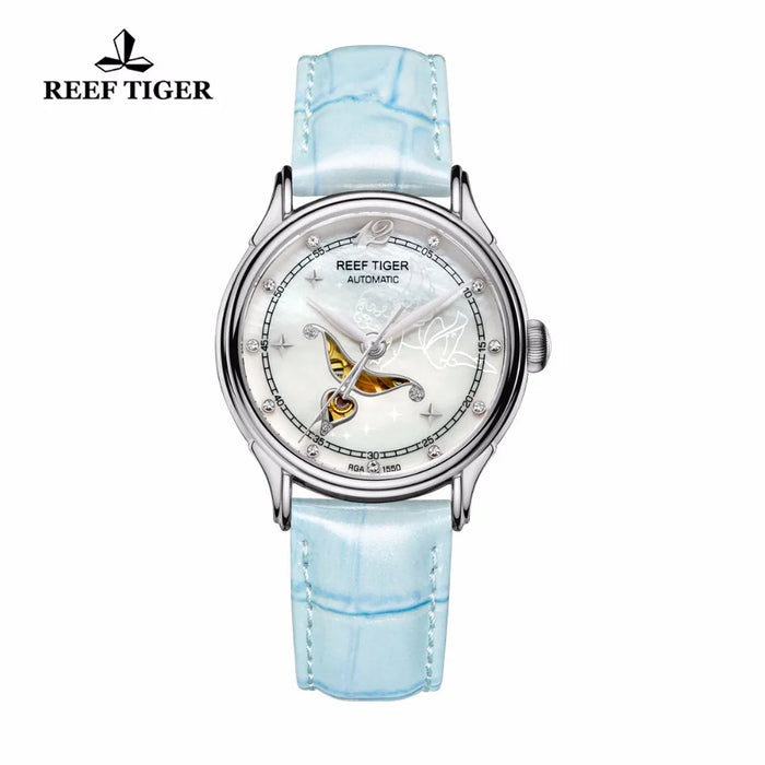 Reef Tiger Fashion and Elegant Steel Watch For Ladies Diamonds White MOP Dial Automatic Wrist Watches RGA1550