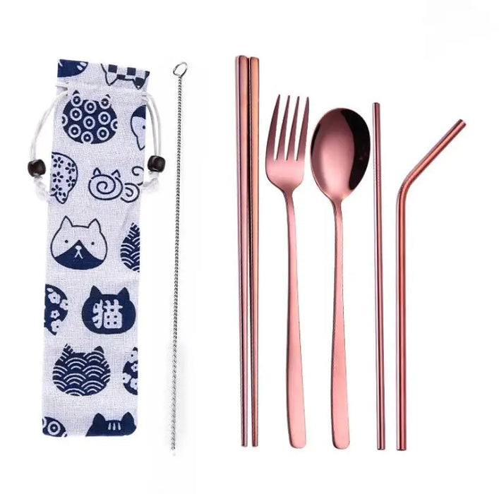 Stainless Steel Flatware Set 5pcs/set Reusable Metal Fork Spoon Chopsticks Portable Travel Silverware Set SN1608