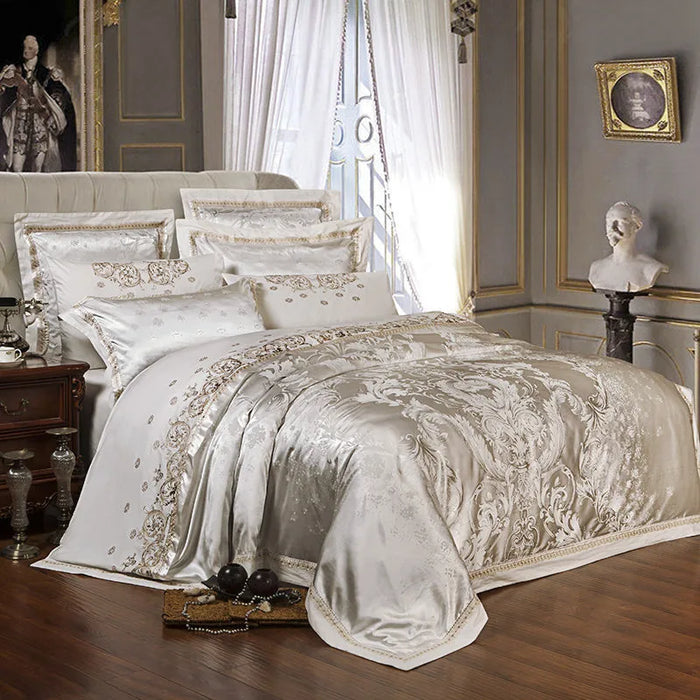 Sliver Gray Luxury Silky Satin Jacquard Duvet cover Embroidery bedding set Super King Queen size 4/6Pcs bed sheet/Fitted sheet