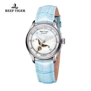 Reef Tiger Fashion and Elegant Steel Watch For Ladies Diamonds White MOP Dial Automatic Wrist Watches RGA1550