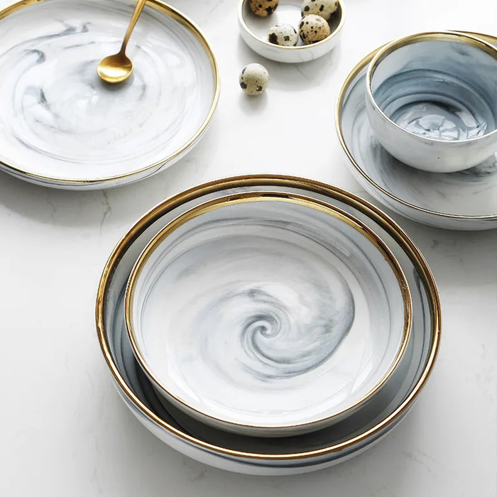 Marble Pattern Ceramic Bowl Phnom Penh Round Salad Steak Dinner Plates Family Soup Bowl Creative Nordic Dessert Tableware Set