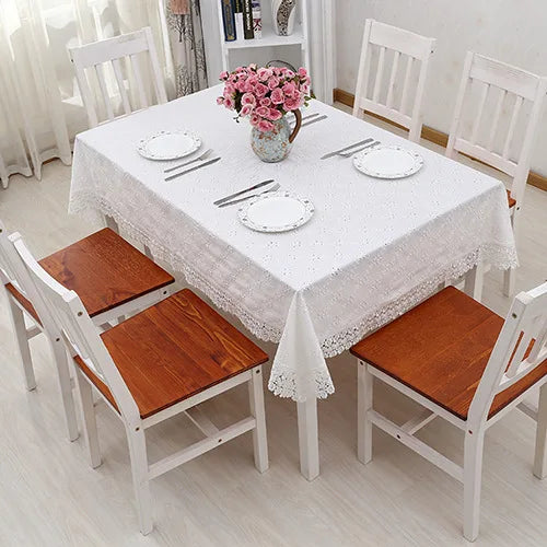 Cotton Linen Tablecloth Flower Embroidery Lace Hem Splice Simple European Style Cover Washable Table Cloth for Tea Table