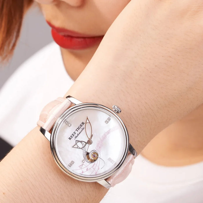 Reef Tiger/RT Fashion Casual Watches Ladies Creative Automatic Watches Leather Strap Watches relogio feminino RGA1582