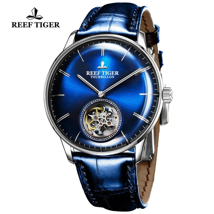 Reef Tiger/RT Blue Tourbillon Watch Men Automatic Mechanical Watches Genuine Leather Strap relogio masculine RGA1930