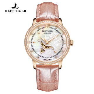 Reef Tiger/RT Designer Fashion Womens Watch with White MOP Dial Diamonds Automatic Watches with Calfskin Leather RGA1550