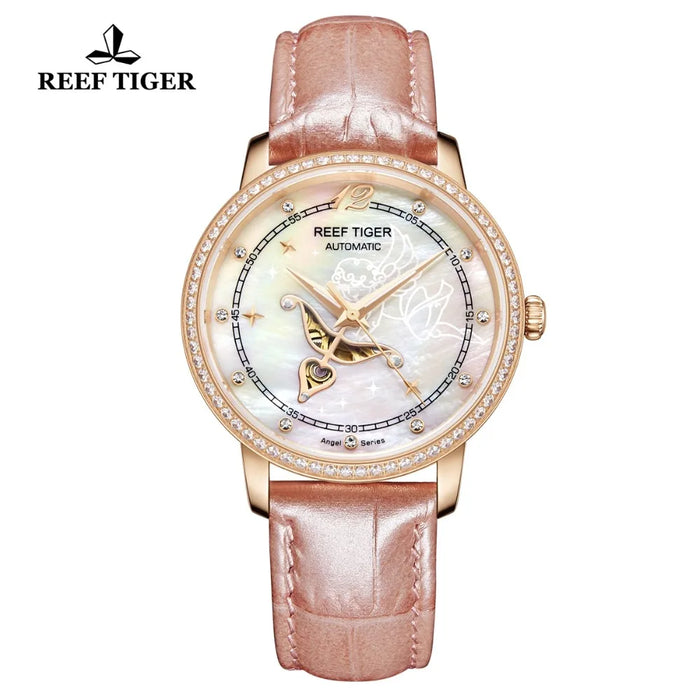 Reef Tiger/RT Designer Fashion Womens Watch with White MOP Dial Diamonds Automatic Watches with Calfskin Leather RGA1550