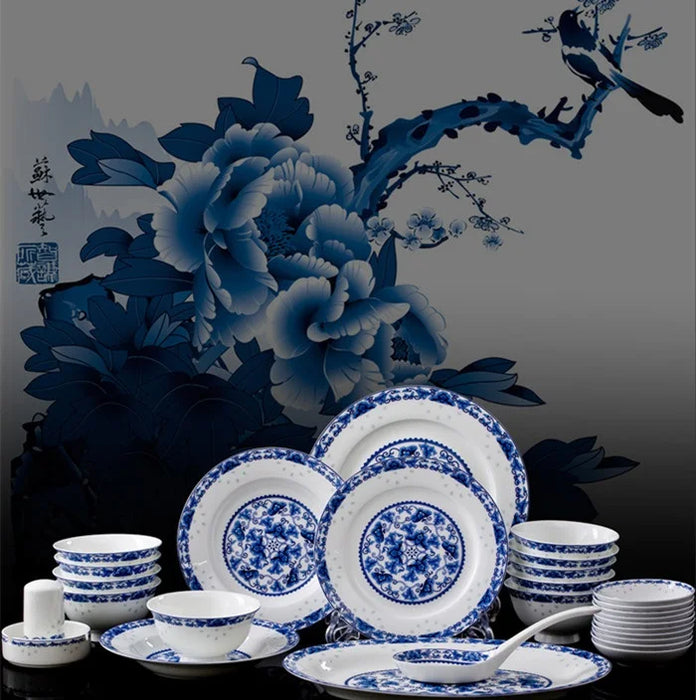 guci Jingdezhen pottery 56 piec  highgrade bone china porcelain  blue porcelain jade tree wrapped tableware set dishes  marriage