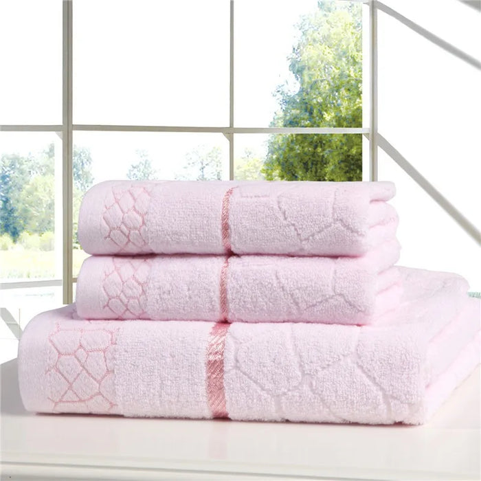 Towel Set 100% Cotton 3pcs/Lot Face Bath Washcloth Pink Beige Blue Color Beach Toalla Water Cube Pattern Adults Bathroom Textile