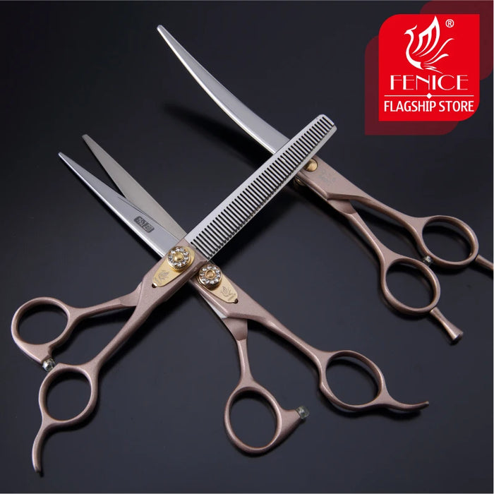 Fenice 7.0/7.5/8.0 Professional Dog Grooming Scissors Cutting Straight Curved Thinning Shears Set Kit Pets Tools for Pomeranian