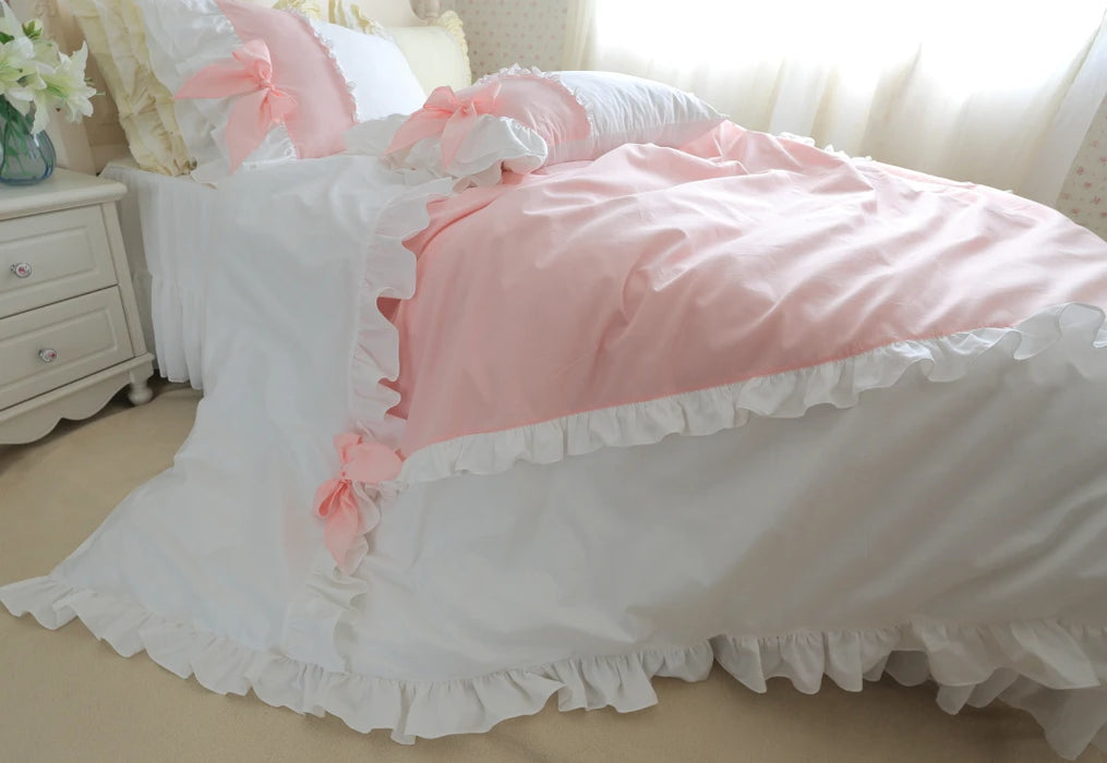 Luxury Pure Cotton 4pcs Princess Bedding Kit King size DuvetCover Bed Linen Pink and White Ruffle Bows Romantic Girls HomeBeding