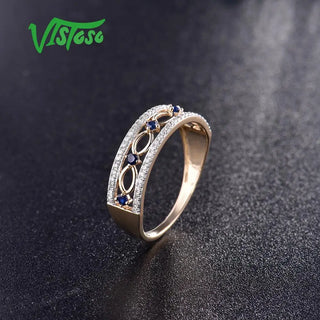 VISTOSO 14K Yellow Gold Rings For Women Genuine Sparkling Diamond Fancy Blue Sapphire Engagement Anniversary Unique Fine Jewelry