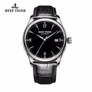 Reef Tiger/RT Business Men Watch with Date Stainless Steel Leather Strap Waterproof Mechanical Watches RGA823G