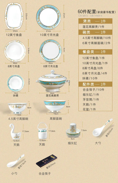 Jingdezhen Ceramic Dinnerware Set Kitchen Tableware Dinner Dish Ceramic Plates and Dishes Bowls 60pcs combination