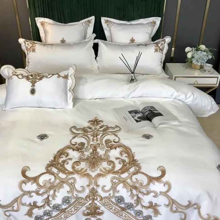 Europe Embroidery Home Textile Bedding Set Queen King Size 4pcs White Satin Cotton Soft Duvet Cover Bed Sheet Pillowcases