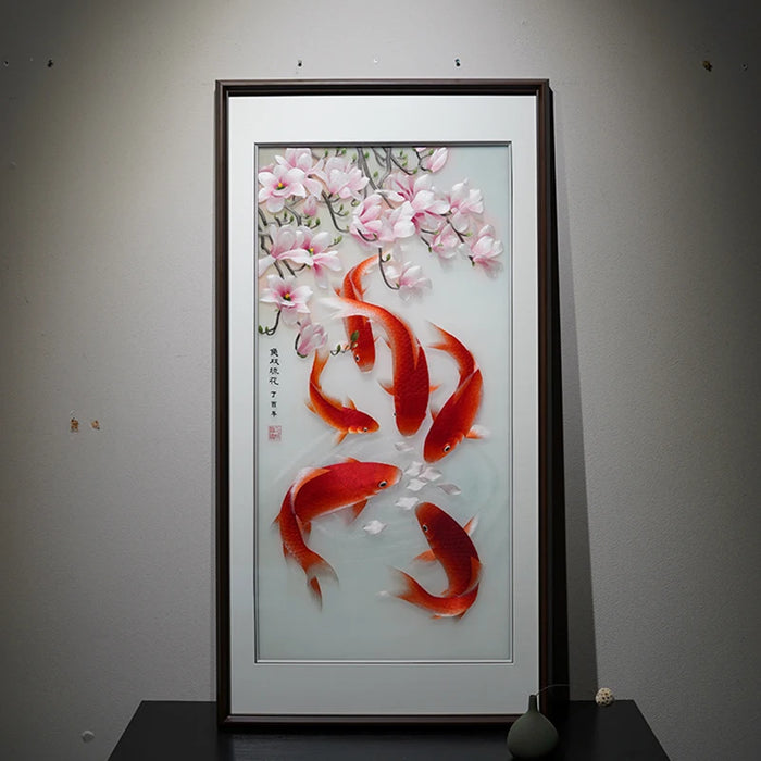 CX Hanging Painting Koi Living Room Entrance Decorative Painting Handmade Chinese Style Embroidered Painting