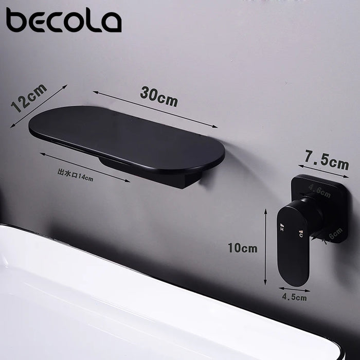 BECOLA Modern Wall-Mount Mixer Tap Sink Faucet Mixer Waterfall  Bath With Large Shelf Platform Matte Black&White Basin Faucets