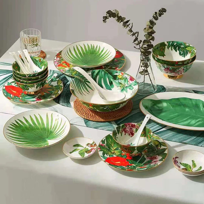 Dinnerware Set Jungle Tableware Set Bone China Big Fish Plate Soup Bowl 28pcs /set Golden Rim Rice Bowl Flat Plate Flower Design