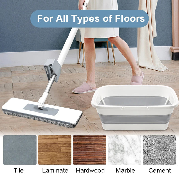 Flat Squeeze Mop With Folding Bucket Hand Free Washing Microfiber Replacement Pad Automatic Spin Floor Mop Household Cleaning