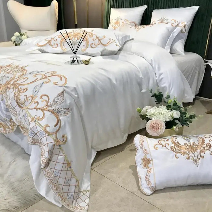 Chic Embroidery Bedding Set Luxury White Satin Cotton Duvet Cover Flat/Fitted Bed Sheet Pillowcases Home Textile