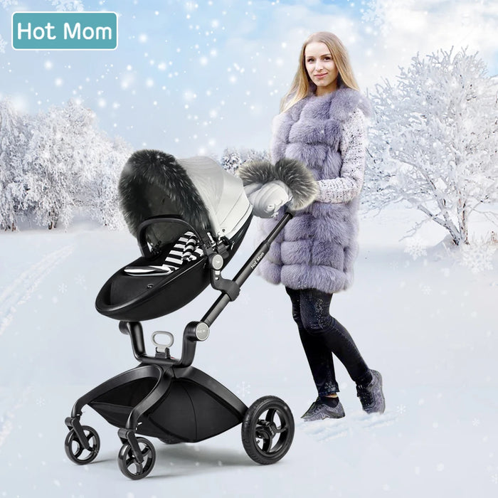 Hot Mom F22 Stroller Accessories Winter Outkit with Footmuff & Fur Gloves and Thickened Canopy