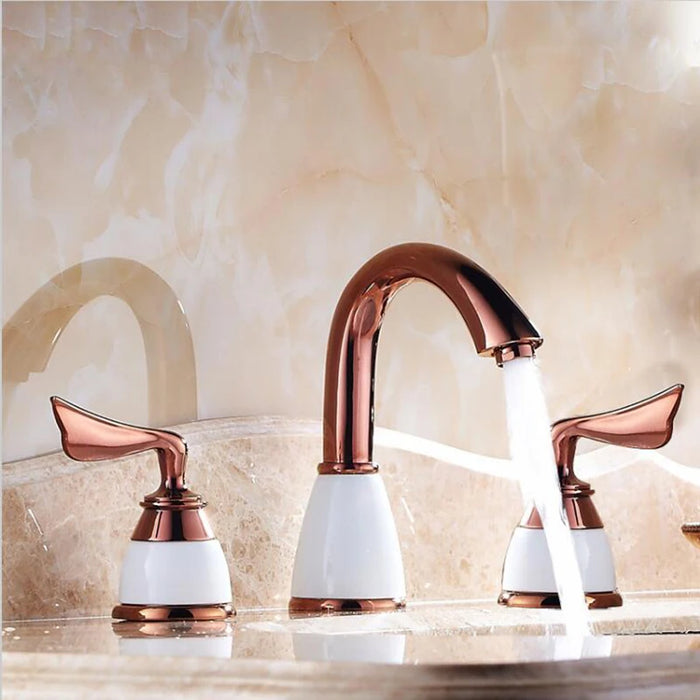 3 piece Set Faucet Bathroom Mixer Deck Mounted Sink Tap 3 Hole Basin Faucet Set Ceramic Copper Faucet Golden Finish Mixer Tap