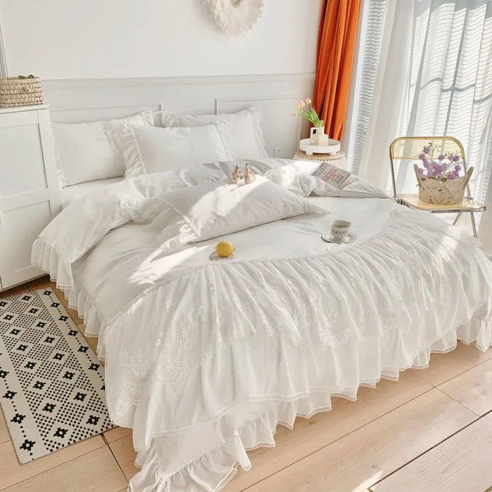 White Duvet Cover with Exquisite Ruffles Elegant Double Layers Lace Fringe Premium Egyptian Cotton Bedding Bed Sheet Pillowshams