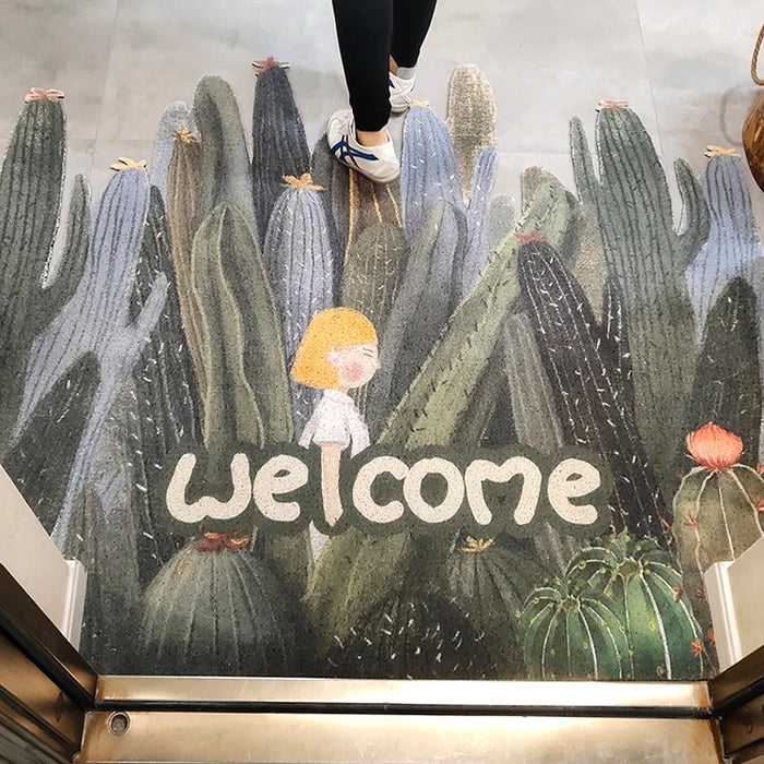 Welcome Mat Entrance Rug Indoor Outdoor Cactus Doormat Low Profile Carpet Door Rug Large Carpet Non Slip Rubber Back