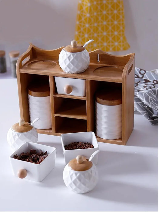 Glass Spice Jar Set Storage Tank Kitchen Accessories Ceramic Seasoning Jar Set Ceramics Tea Box Wood Rack Holder Salt Bot