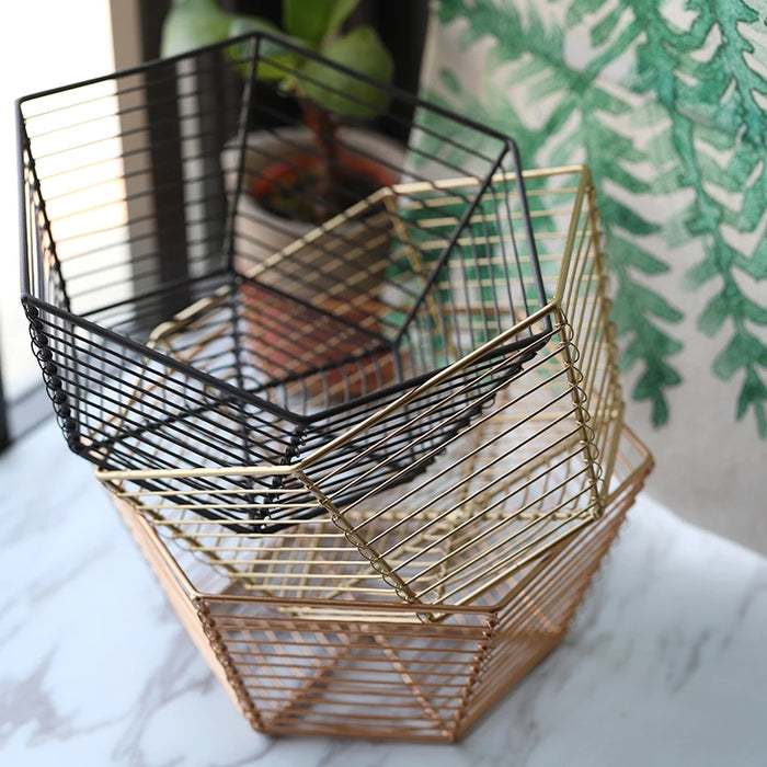 Rose Gold Hexagon Metal Storage Basket Scandinavian Living Room Fruit Bread  Nordic Simple Sundries Organizer Decor