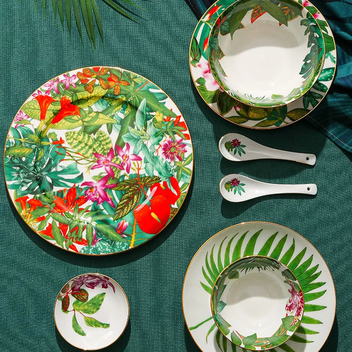 Dinnerware Set Jungle Tableware Set Bone China Big Fish Plate Soup Bowl 28pcs /set Golden Rim Rice Bowl Flat Plate Flower Design