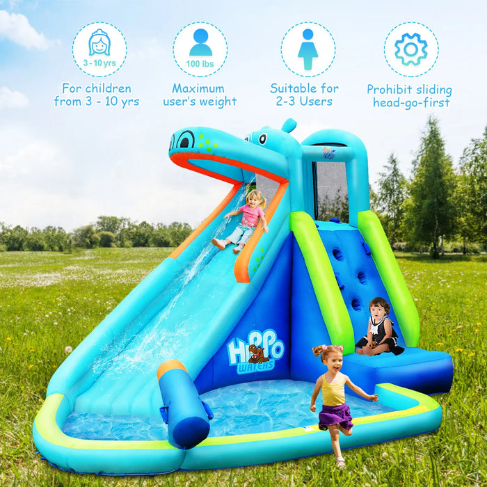 Inflatable Kids Hippo Bounce House Slide Climbing Wall Splash Pool w/740W Blower