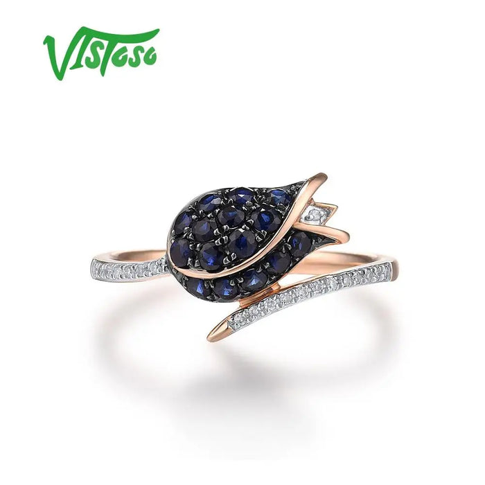 VISTOSO Jewelry Set For Woman Pure 14K 585 Rose Gold Sparkling Blue Sapphire Diamond Tulip Earrings Ring Set Fine Jewelry