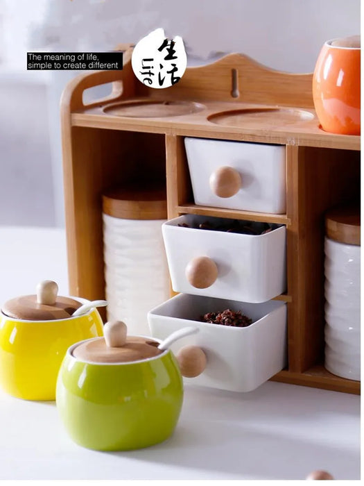 Glass Spice Jar Set Storage Tank Kitchen Accessories Ceramic Seasoning Jar Set Ceramics Tea Box Wood Rack Holder Salt Bot