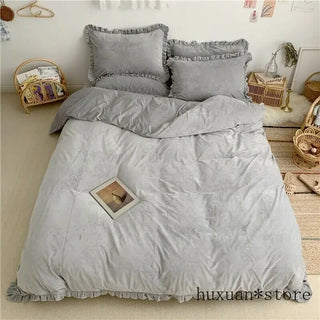 White Grey Ruffled Duvet Cover Bed Sheet Set Fleece Cotton Soft Warm Bedding Set Conforter Set Queen