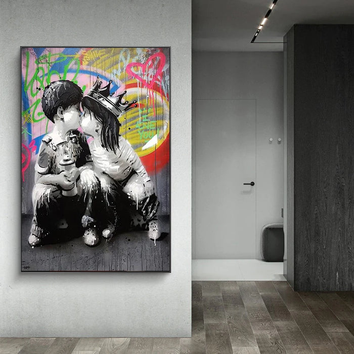 Graffiti Boy and Girl kissing Wall Art Canvas Posters And Prints Kissing Street Art Paintings On the Wall Pictures Home Decor