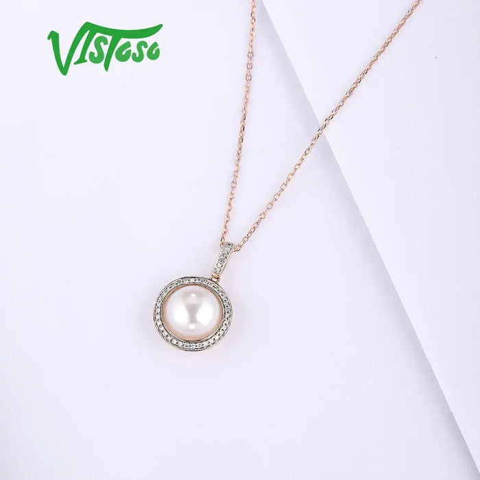 VISTOSO Gold Pendant For Women Pure 14K 585 Rose Gold Sparkling Diamond Elegant Fresh Water Pearl Pendant For Lady Fine Jewelry