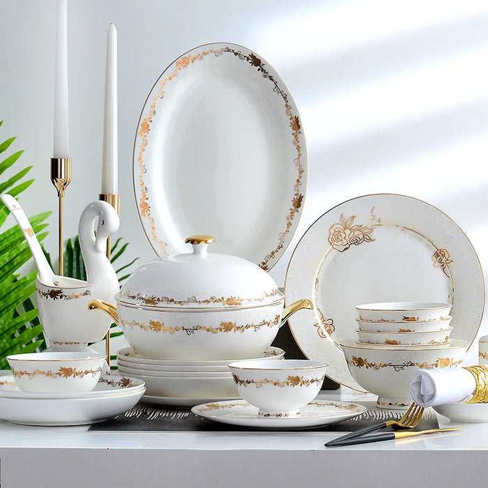 Bone china tableware set, bowl and dish set, European household creative ceramic bowl and plate, wedding gift