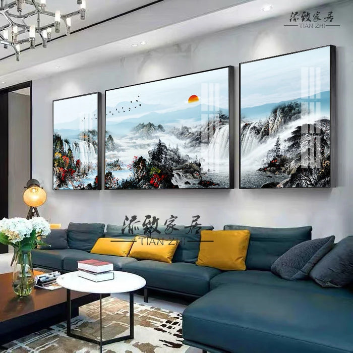 Tt Chinese Painting Living Room Decorative Painting Chinese Landscape Sofa Wall Painting Three-Piece Painting Haina All Rivers