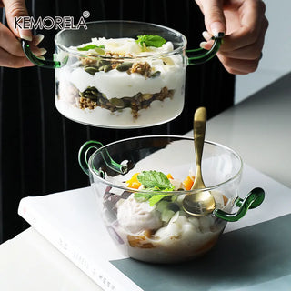 500ml Glass Salad Bowl With Handle Dessert Bowl Microwave Oven Heat-Resistant Breakfast Oats Ice Cream Household Bowls