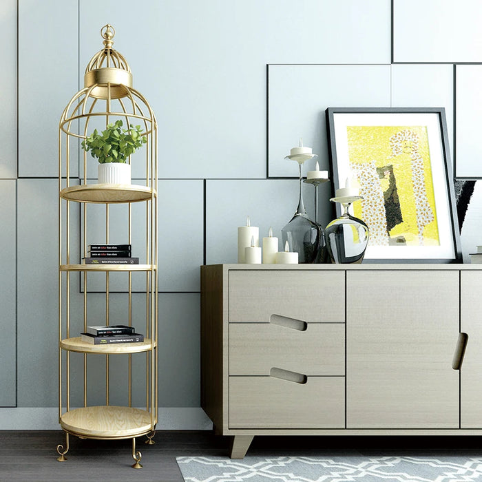 Tt Shelf Living Room Solid Wood Simplicity Birdcage Bedroom Iron Floor Golden Multi-Layer Flower Stand Room Wooden Shelf