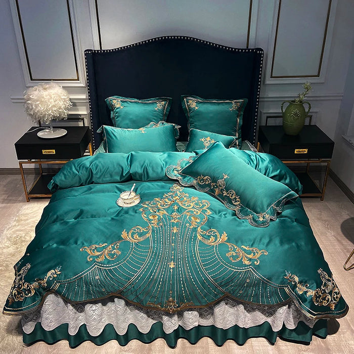 Brand Luxury Satin Egyptian Cotton Bedding Set Gold Embroidery Europe Palace Duvet Cover Bedsheet Lace Bed Skirt Pillowcase