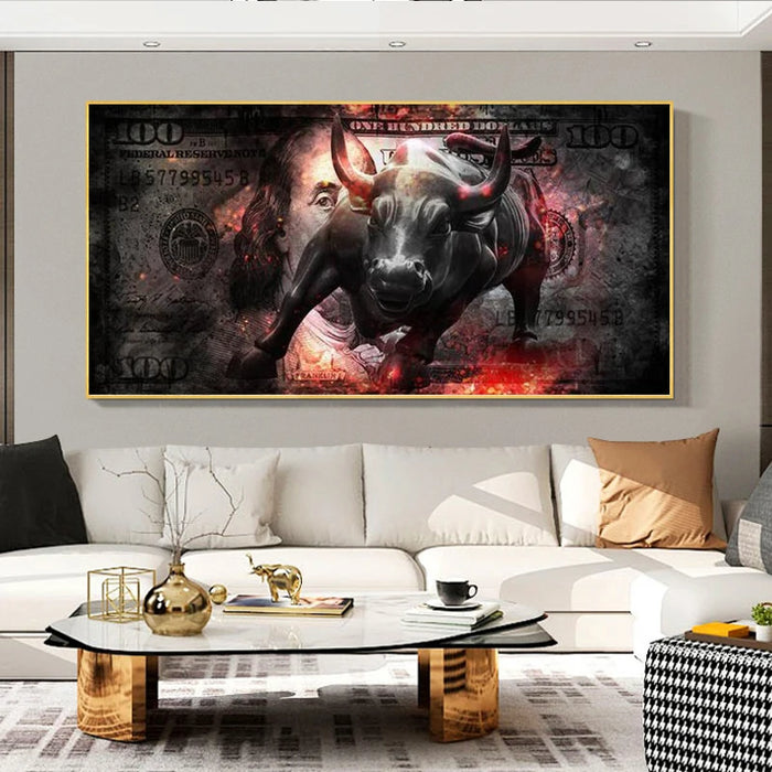 Large Dollar Bull Wall Art Canvas Print Dollar Bull Statue Pop Art Painting Posters and Prints Modern Art Pictures Home Decor