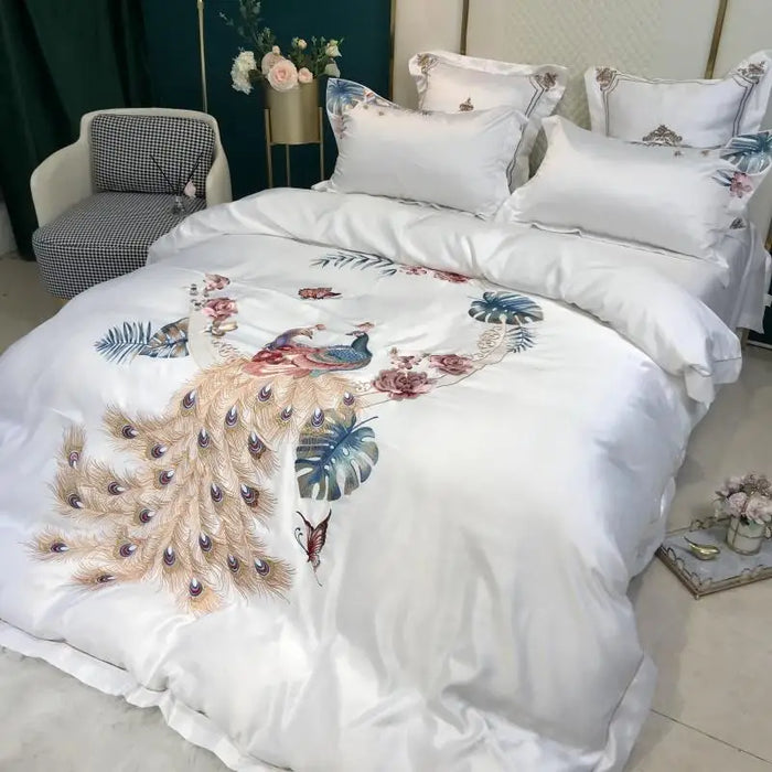 White Flower Bird Embroidery Bedding Sets 4pcs Satin Cotton Duvet Cover Fitted Bed Sheet Bedspread Pillowcase Home Textile