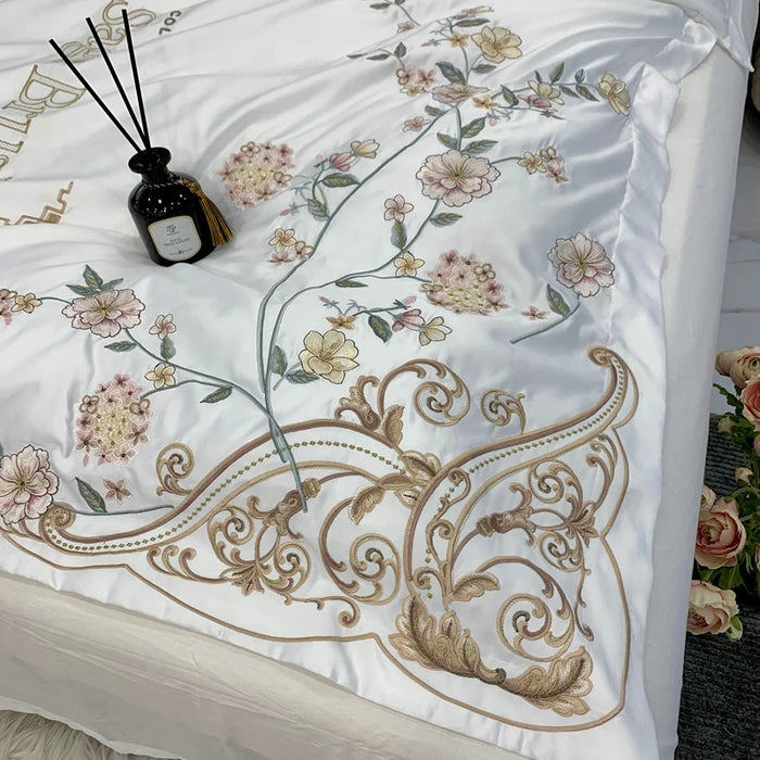 Luxury Florals Embroidery Bedding Set White Satin Cotton Bedclothes Duvet Cover Bedspread Bed Sheet Pillowcases Home Textile