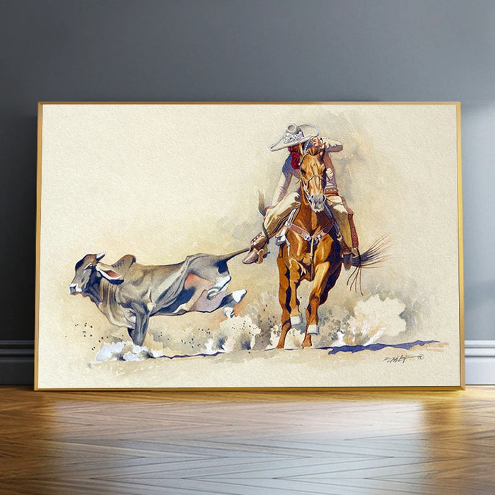 A man on horseback leading a cow art picture canvas printing poster oil painting living room decoration