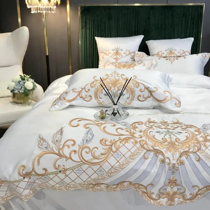 Chic Embroidery Bedding Set Luxury White Satin Cotton Duvet Cover Flat/Fitted Bed Sheet Pillowcases Home Textile