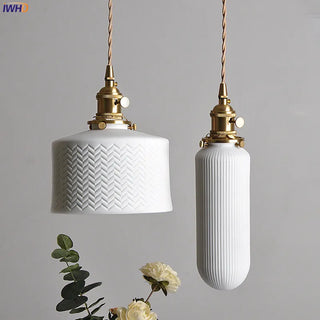 IWHD  Nordic White Ceramic LED Pendant Lights Fixtures Knob Switch For Bedroom Dinning Living Room Modern Copper Hanging Lamp